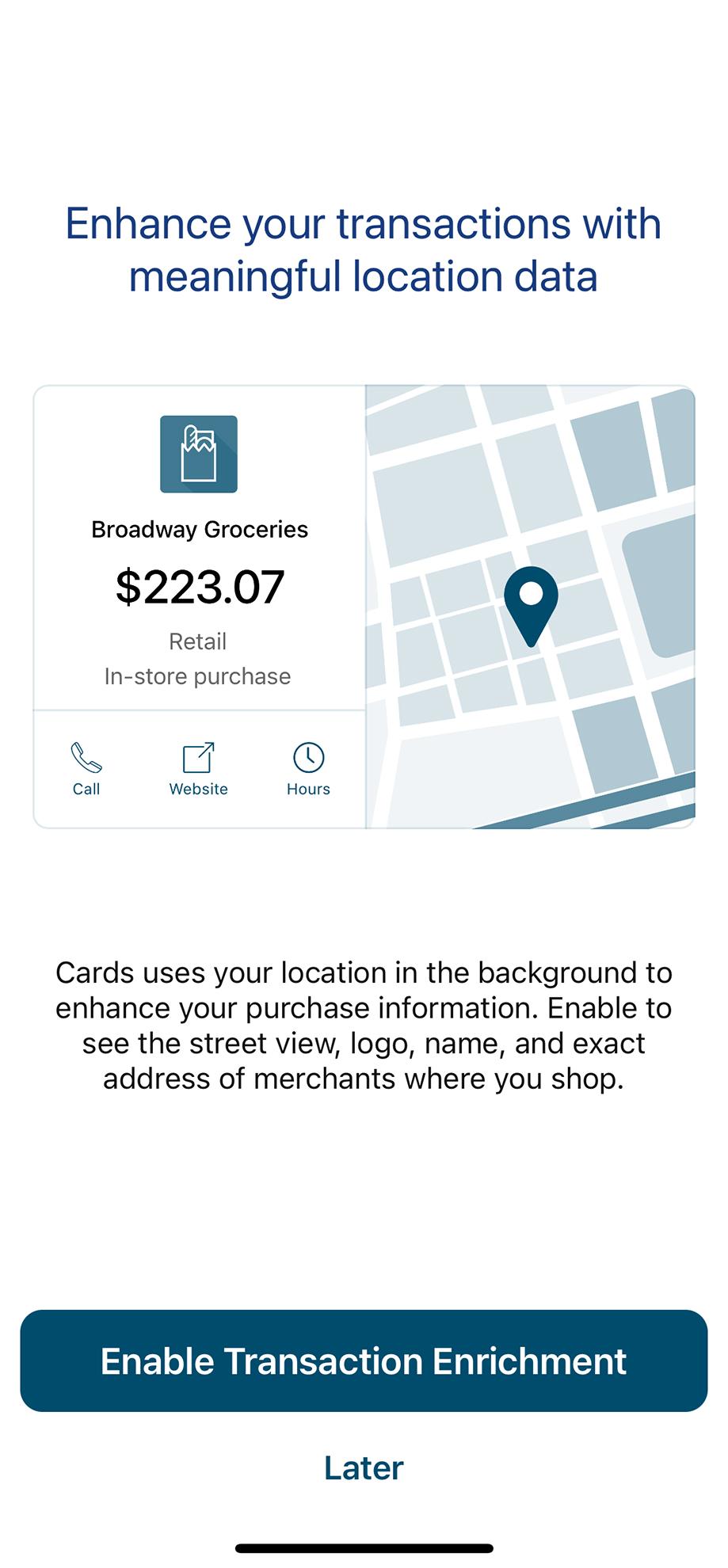 Civic app screen asking to enable transaction enrichment to add more data to transactions.