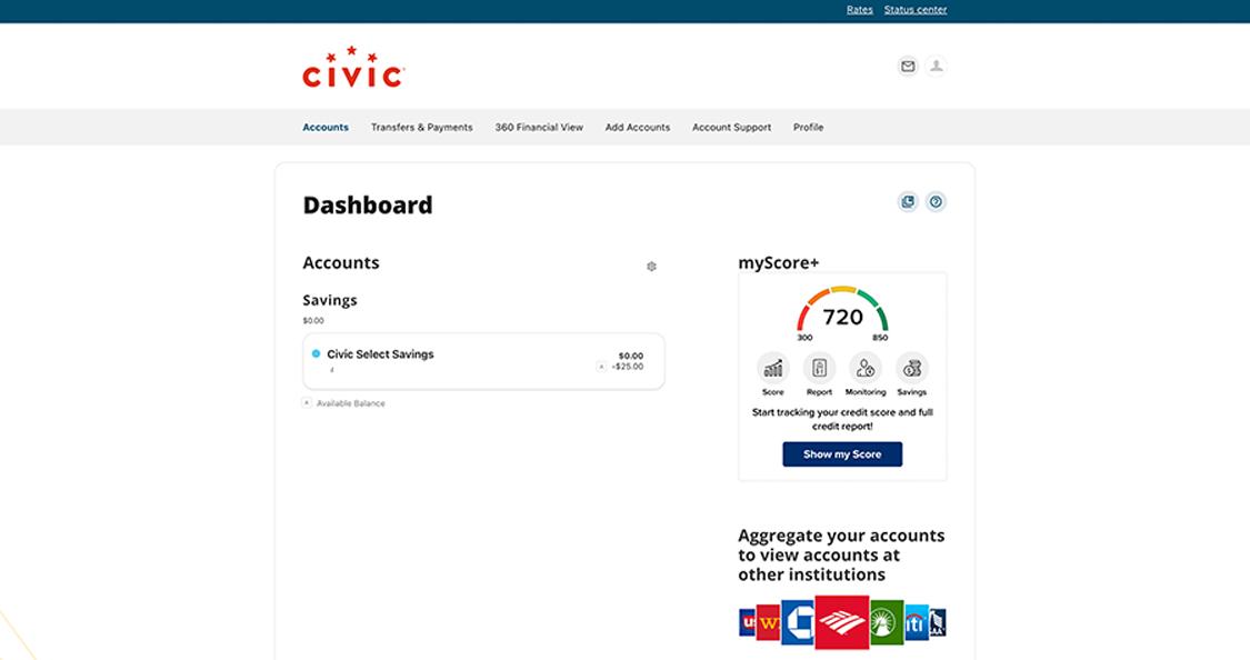 Civic online banking dashboard screen with accounts and balances.