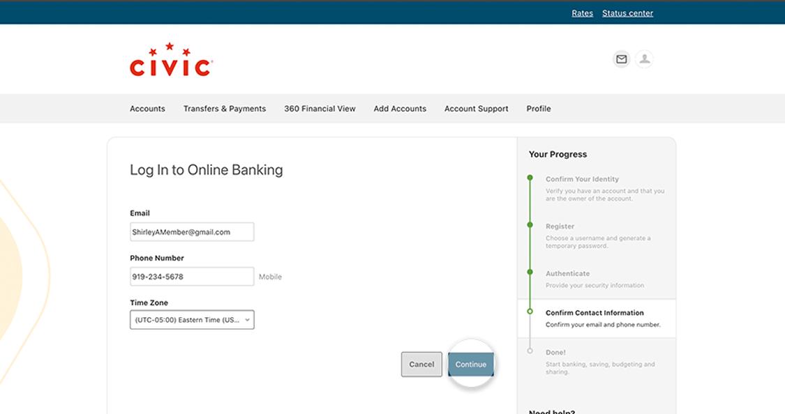 Civic online banking screen first time logging in, confirming contact information is correct.