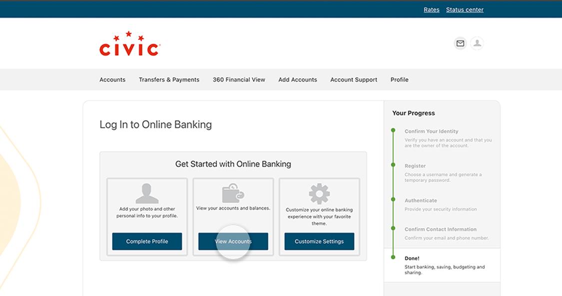Civic online banking screen with options to edit profile, and view accounts.