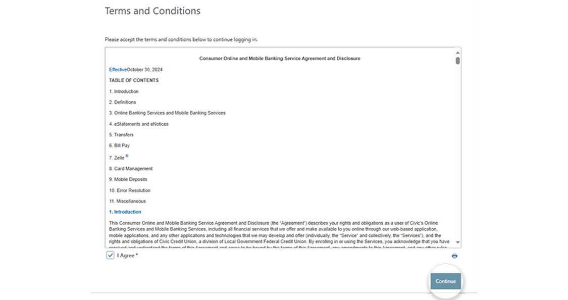 Civic online banking screen showing the disclosures to be accepted be using.