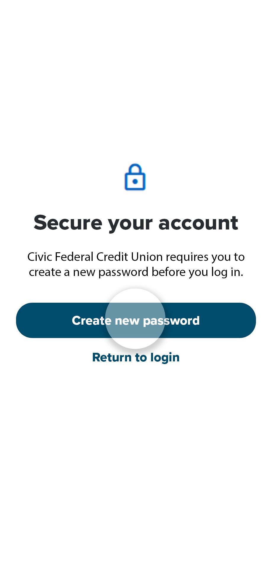 Civic App screen first time logging in, change your password.