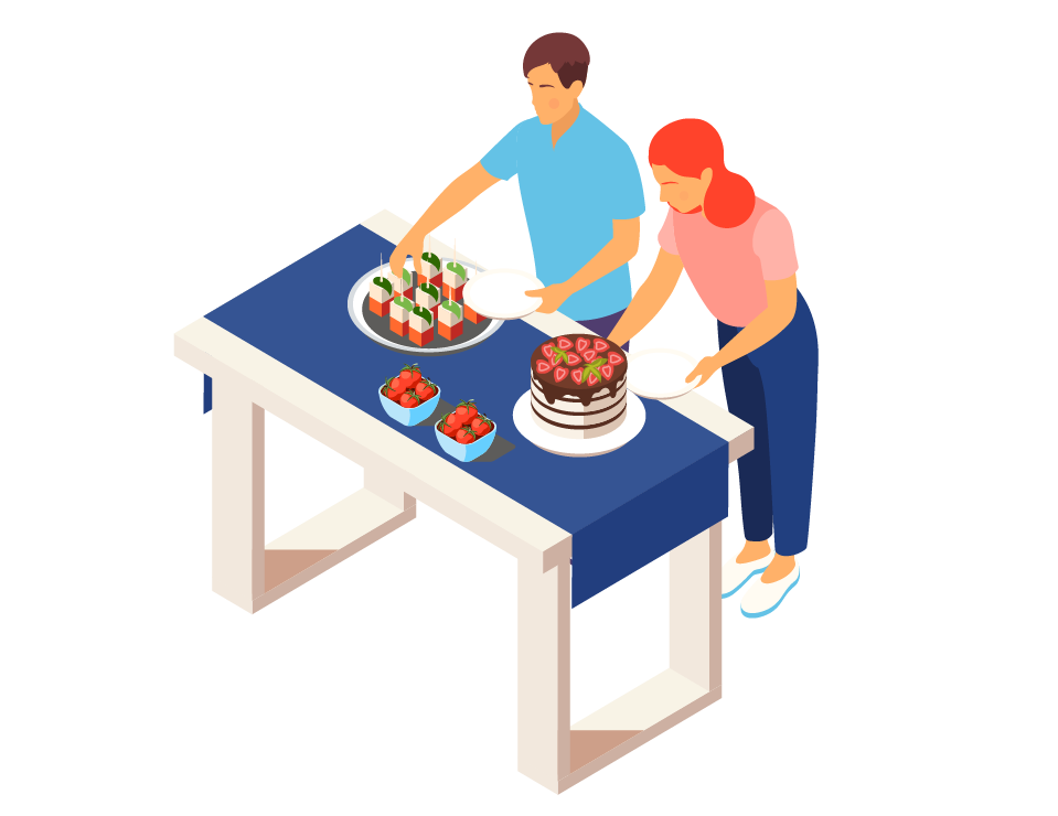 Graphic of two individuals setting the table for a budget-friendly gathering.