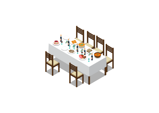 Graphic of a dining table neatly set for company, with plates, glasses, utensils, and decorative elements, ready for a gathering.