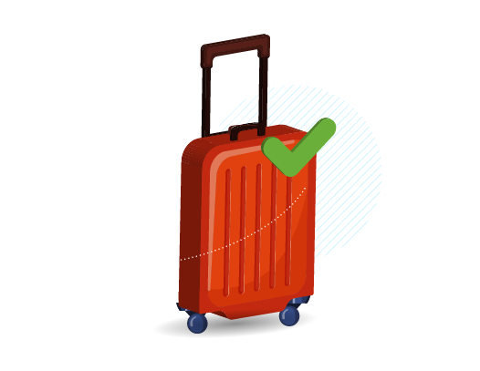 Graphic of a red roller suitcase, with wheels and a handle, ready for travel.