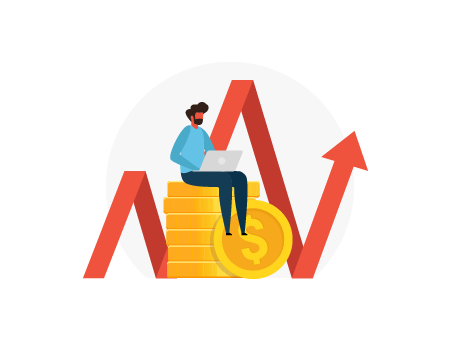 Graphic of a person sitting on a stack of coins with a rising graph in the background, symbolizing financial growth and success.