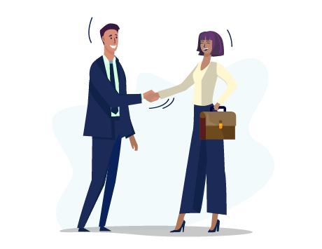 Graphic of a businessman and businesswoman shaking hands in a professional setting.