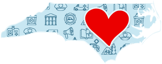 Graphic of the state of North Carolina with a large heart in the center, symbolizing local government support and love.