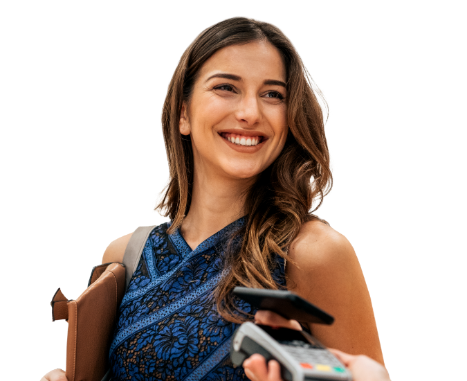 A woman paying with her Civic Credit Card stored in her digital wallet on her cellphone.