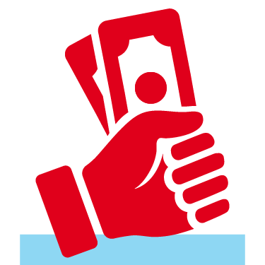 Red hand with money icon.