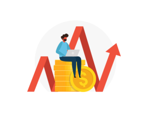 Graphic of a person sitting on a stack of coins with a rising graph in the background, symbolizing financial growth and success.
