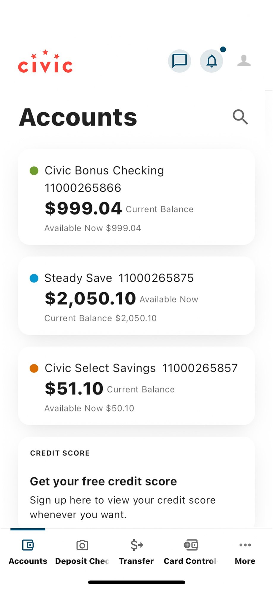 Civic app screen that list the accounts and balances.