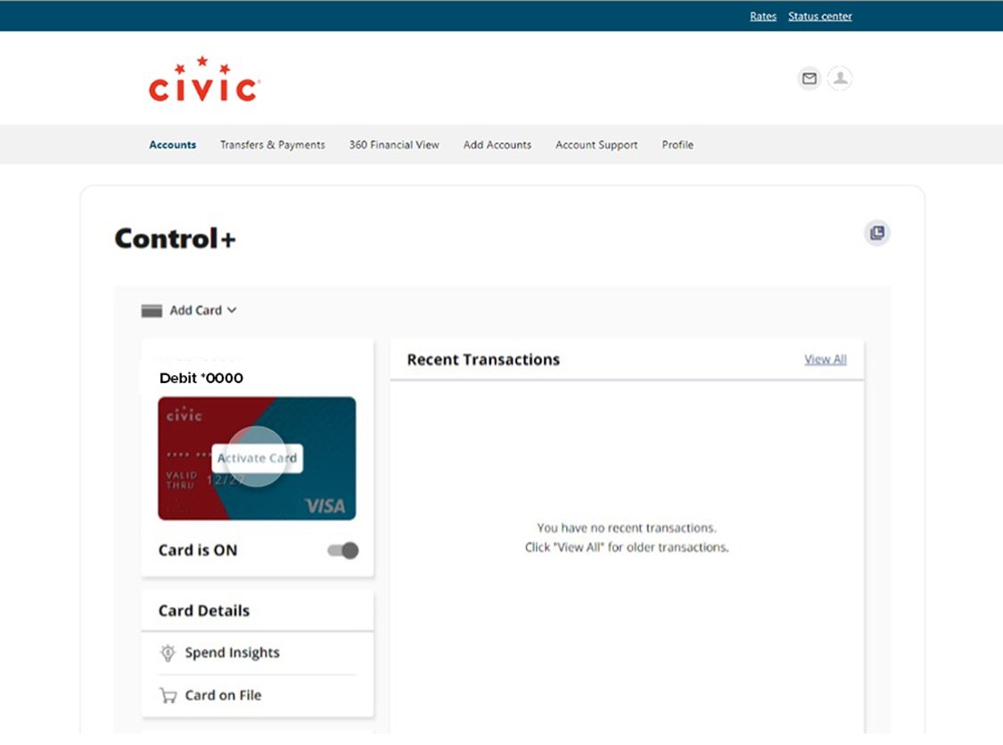 Civic app screen that highlights the selection of activate card.