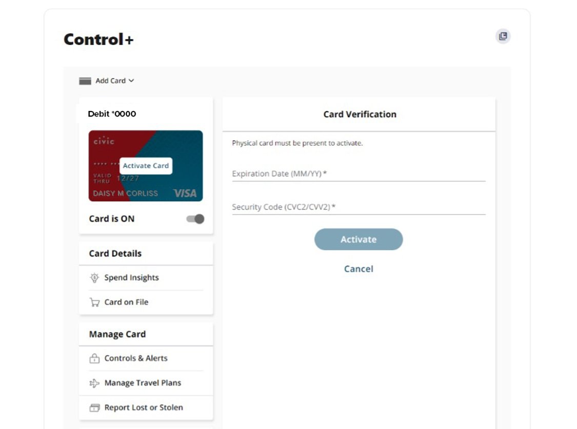 Civic online banking screen that displays the fields for expiration date and security code..