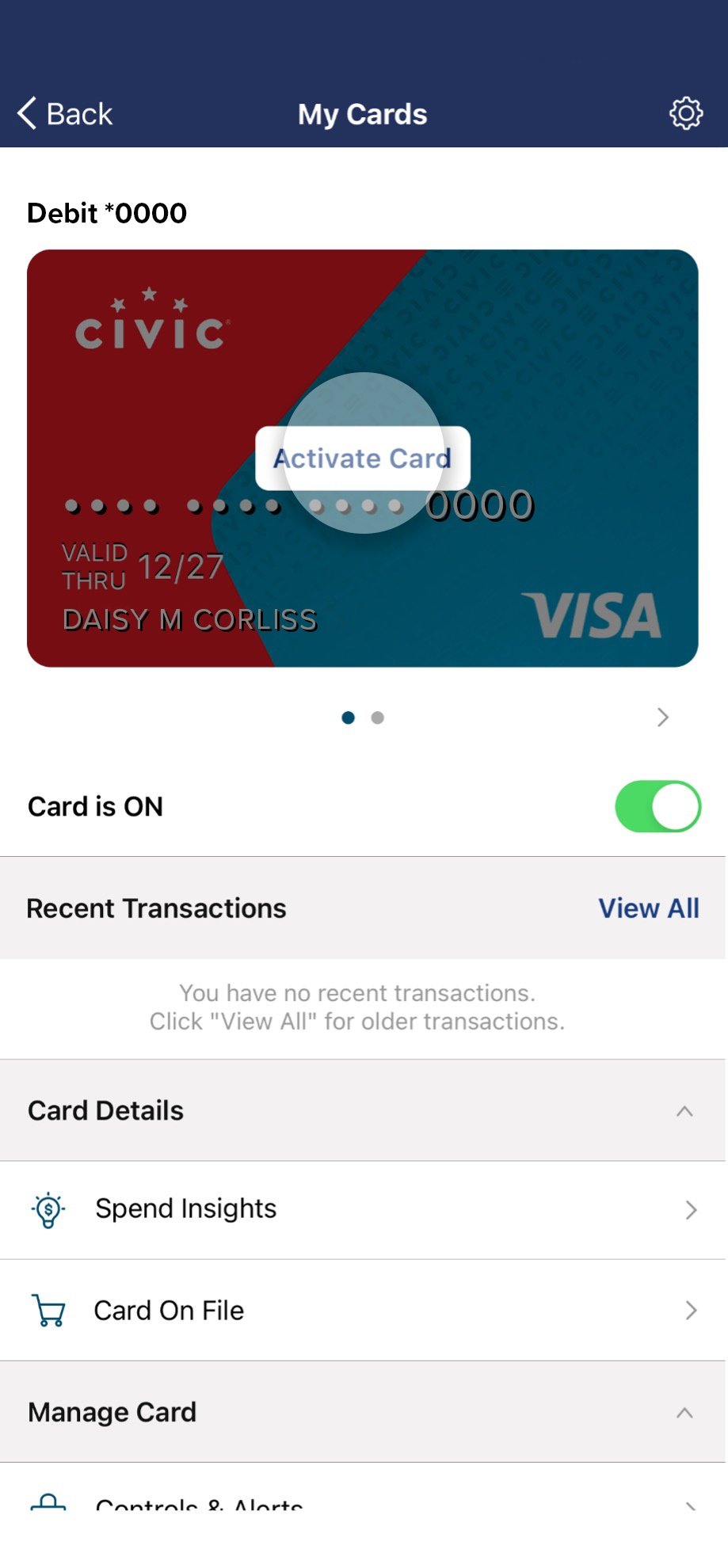 Civic app screen that highlights the selection of activate card.