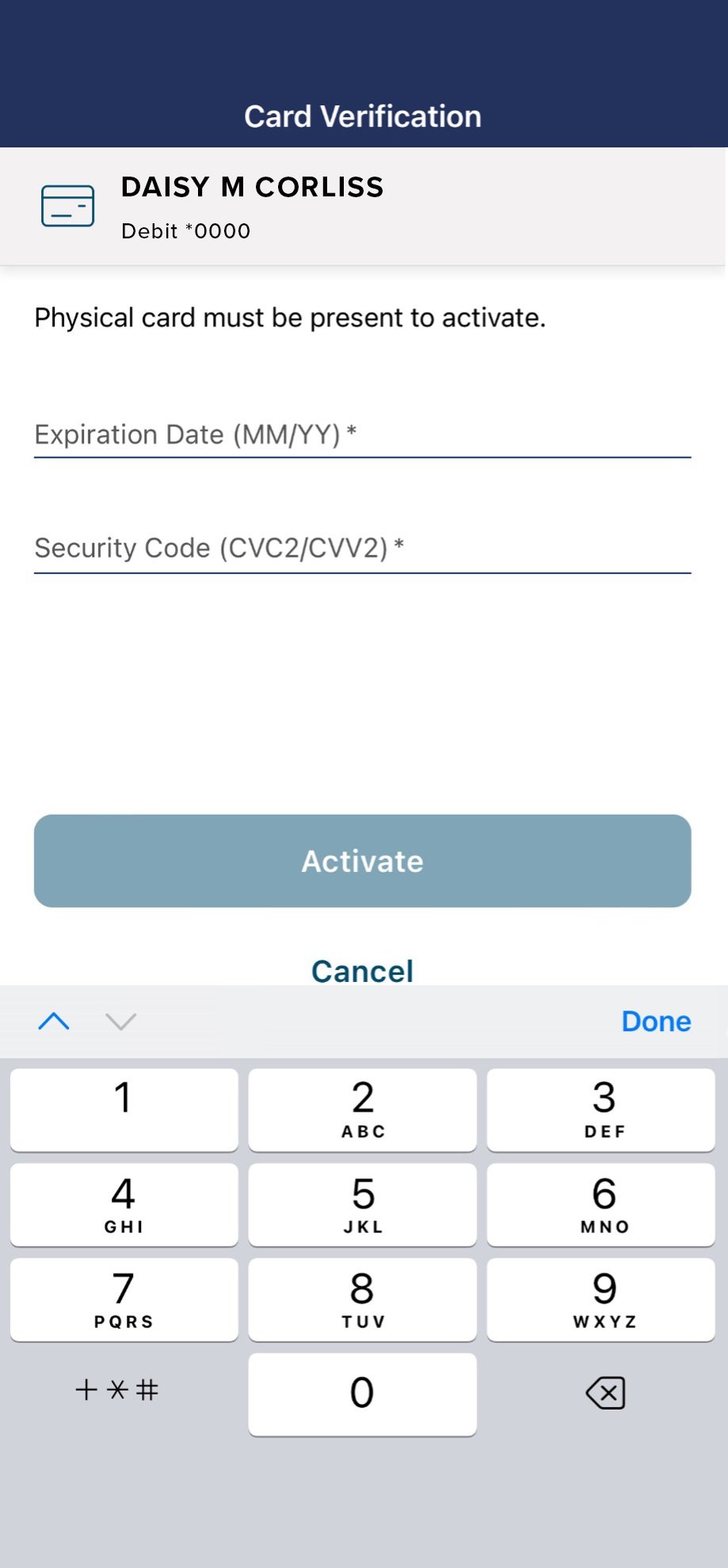 Civic app screen that shows the fields for expiration date and security code.