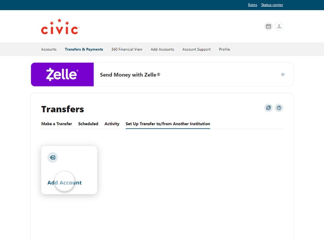 Civic online banking screen that highlights the selection of add account.