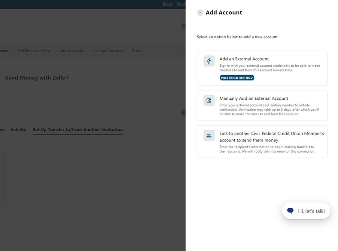 Civic online banking screen that displays the options for external accounts.