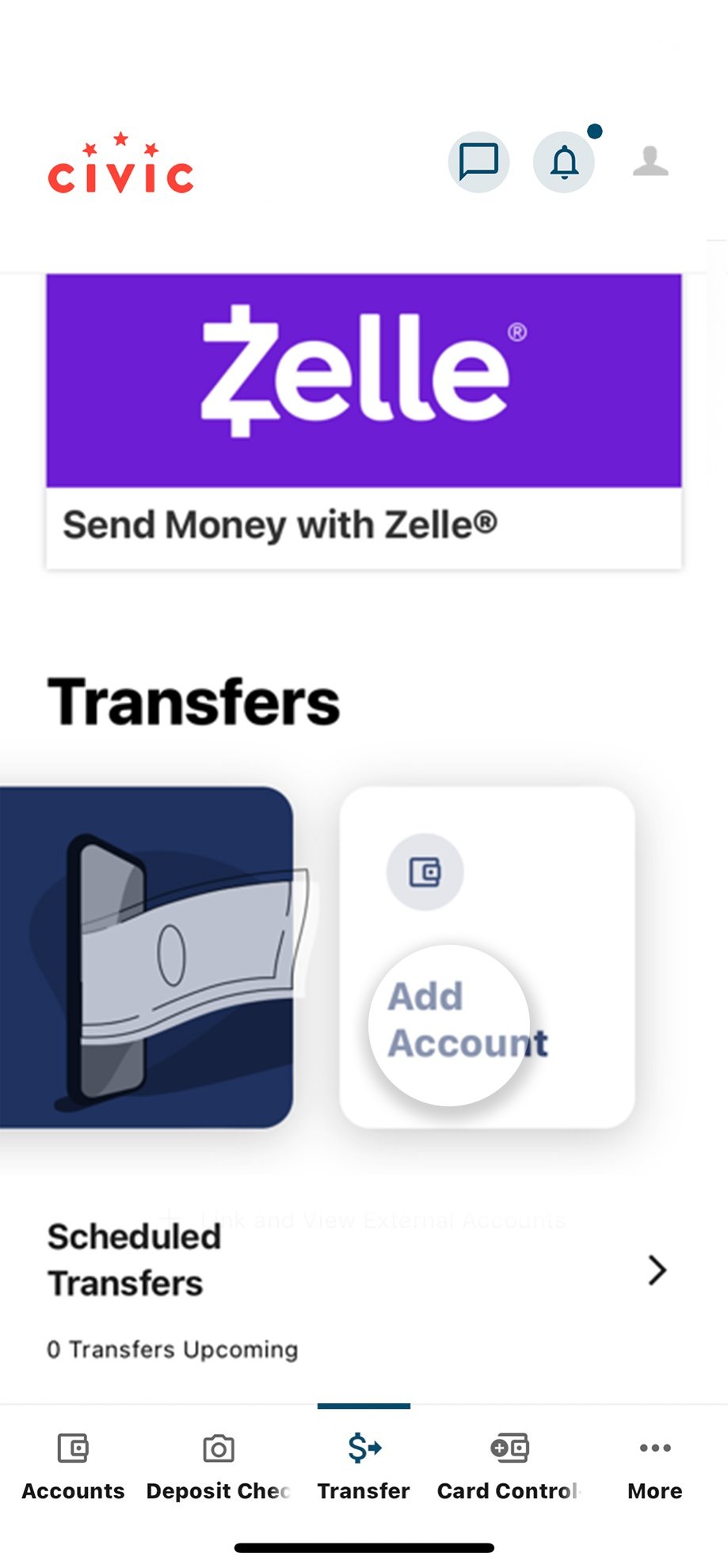 Civic app screen that highlights the selection of add account.