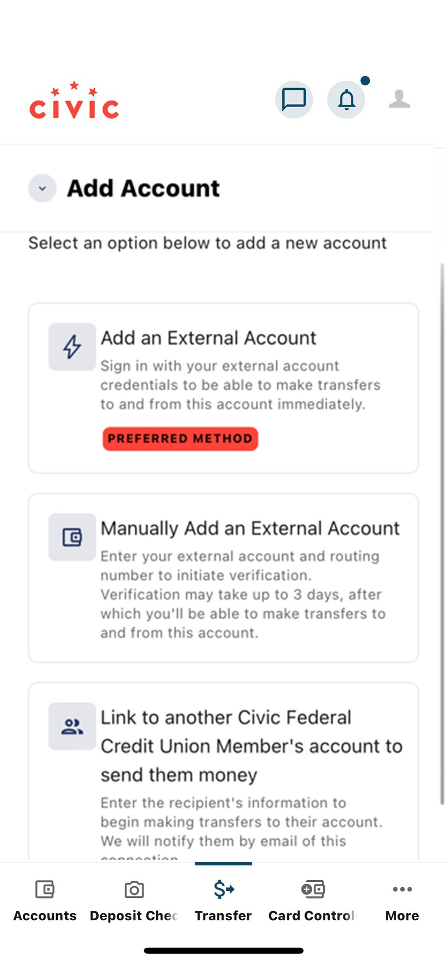 Civic app screen that shows the options for adding external account.