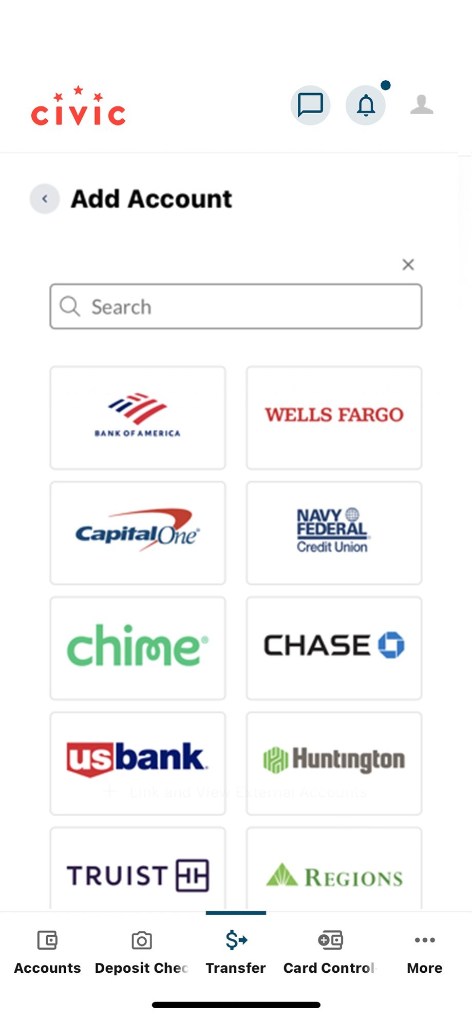 Civic app screen that list external financial institutions. 