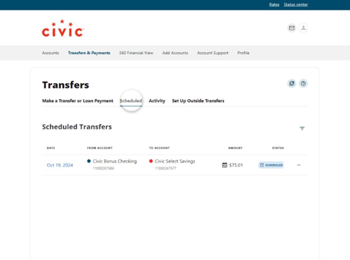 Civic online banking screen that highlights the selection of scheduled.