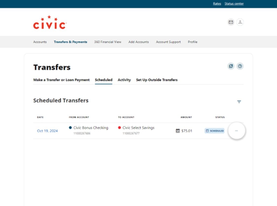 Civic online banking screen that highlights the selection of three dots.