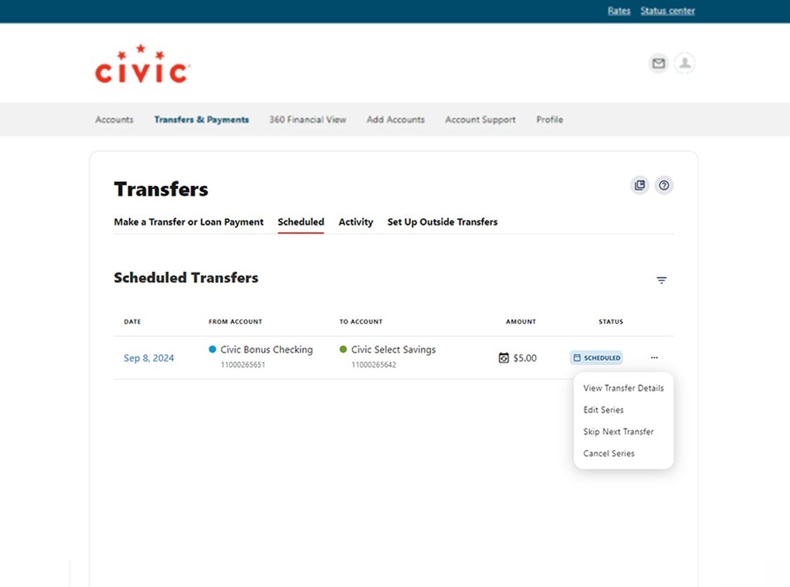 Civic online banking screen that highlights the transfer details.