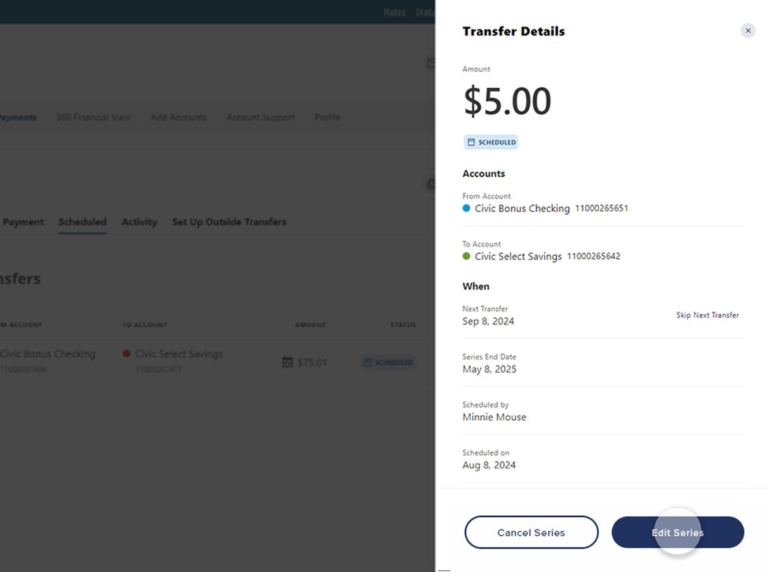 Civic online banking screen that highlights the button selection of edit series..