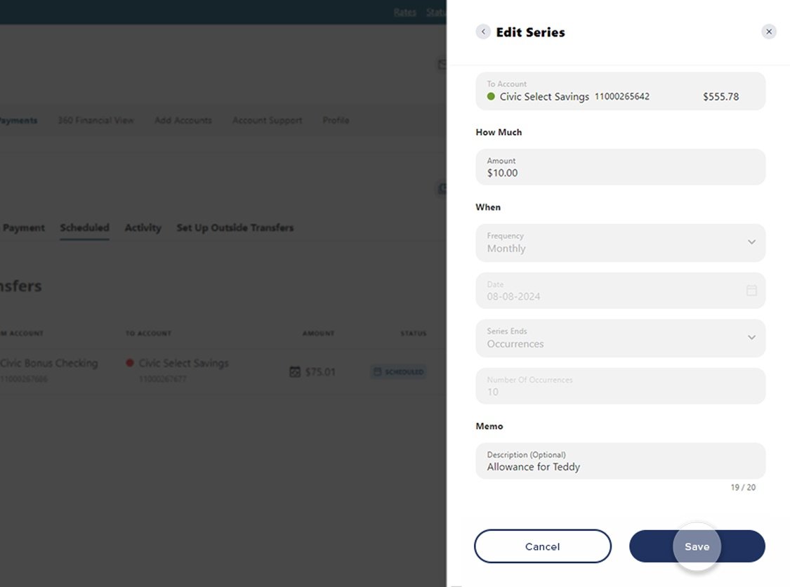 Civic online banking screen that highlights the selection of the save button.