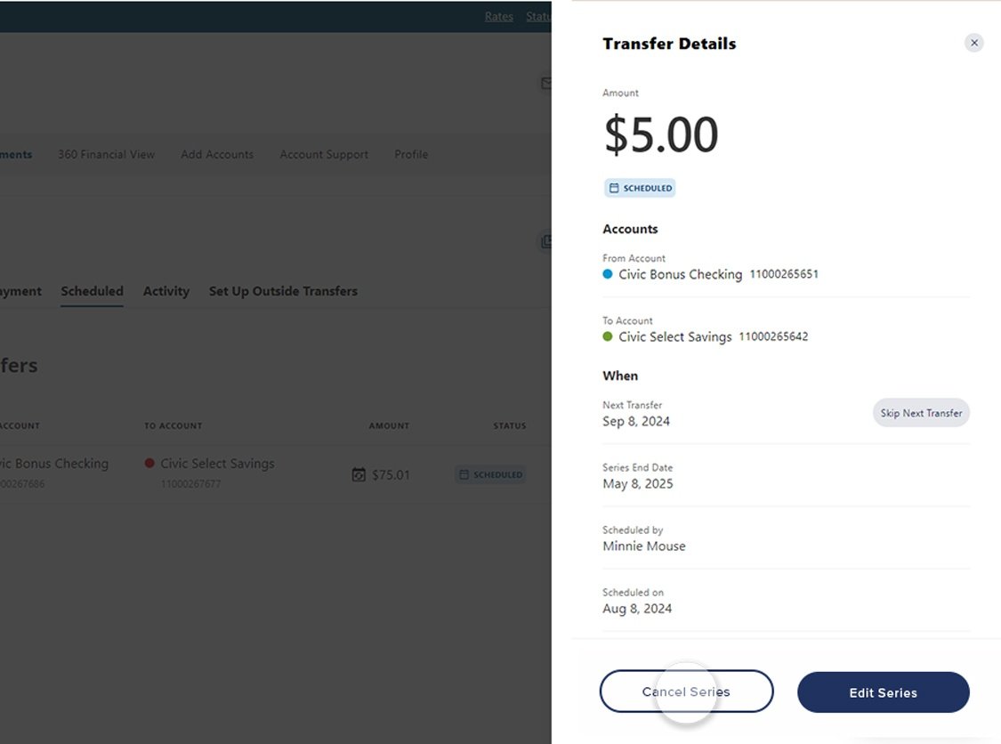 Civic online banking screen that highlights the selection of cancel series button.
