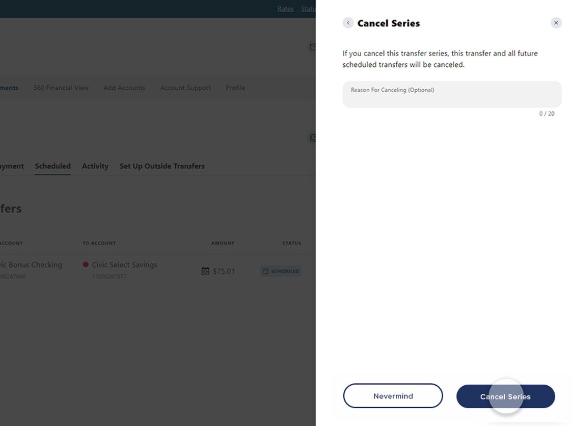 Civic online banking screen that highlights the selection of the cancel series button.