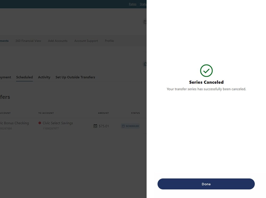 Civic online banking screen that confirms the cancellation of transfer series.