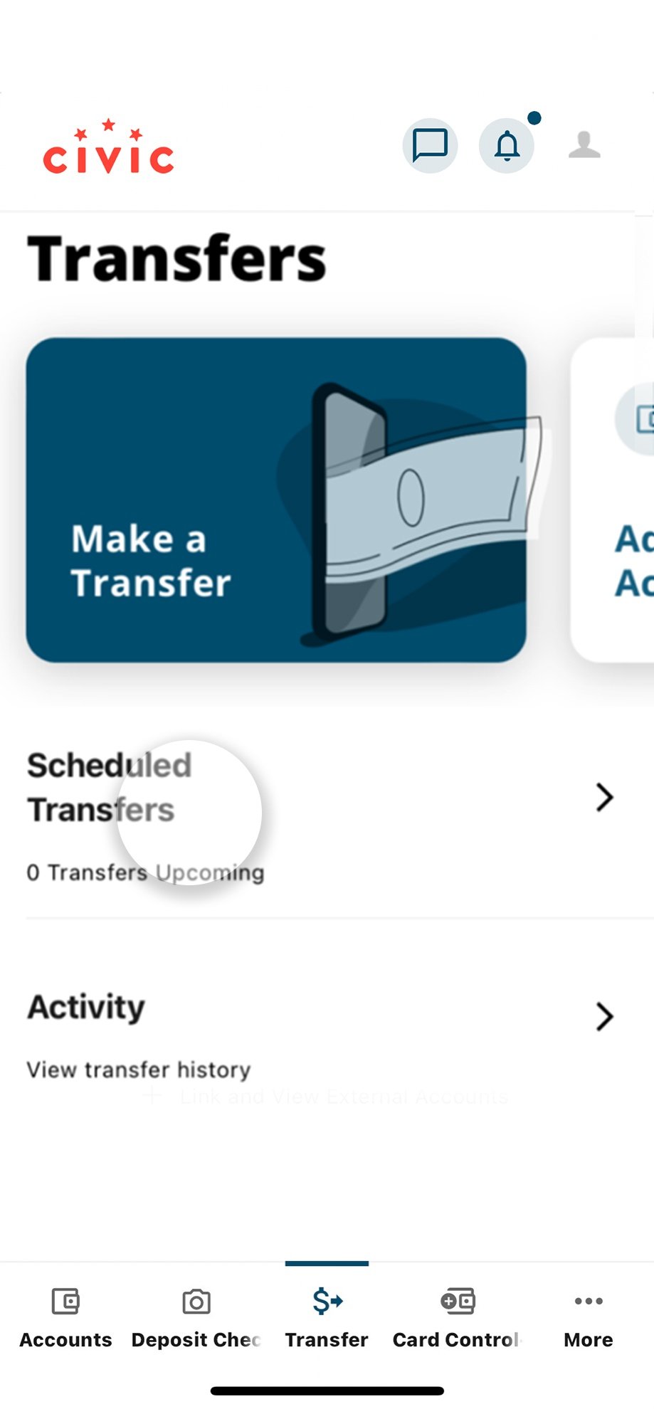 Civic app screen that highlights the selection of scheduled transfers.