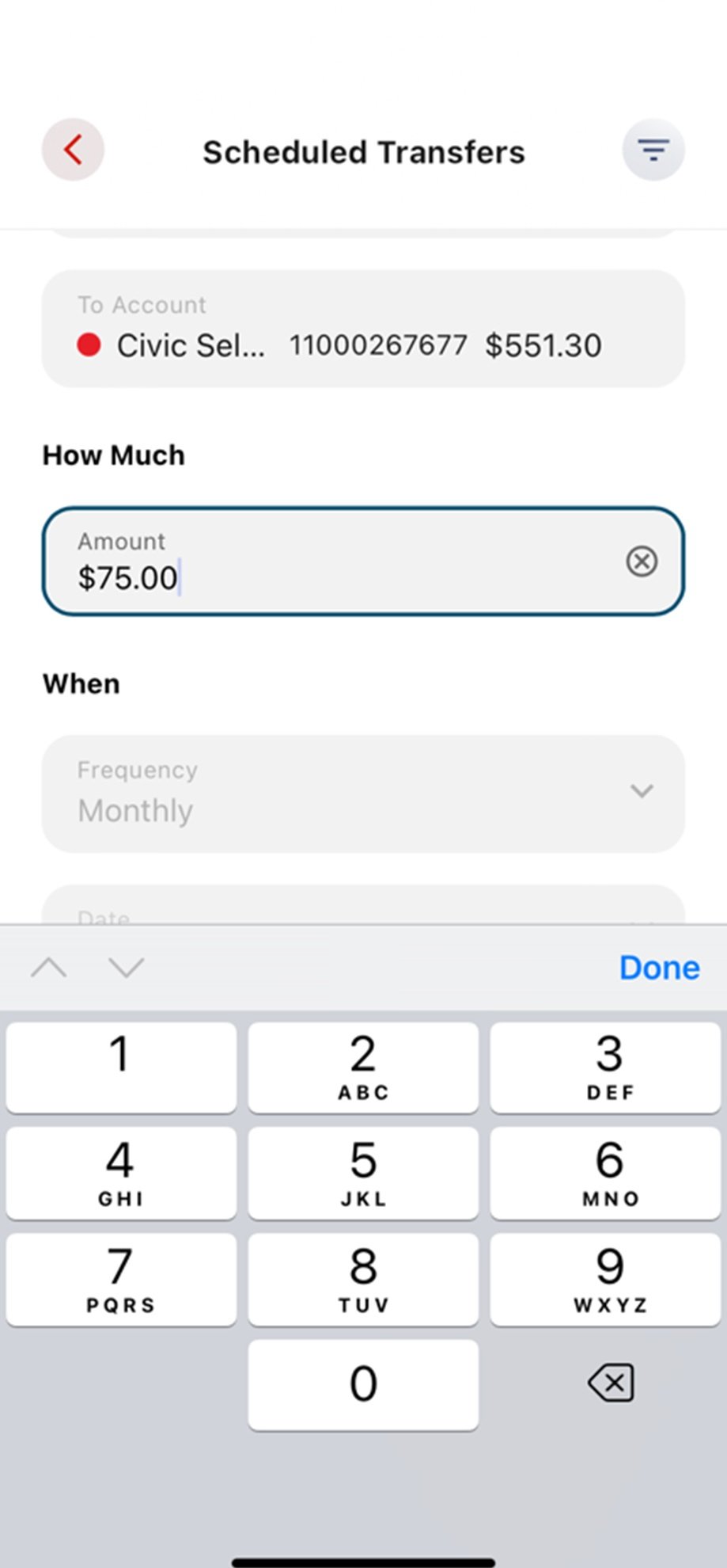 Civic app screen that shows the input of a dollar amount.