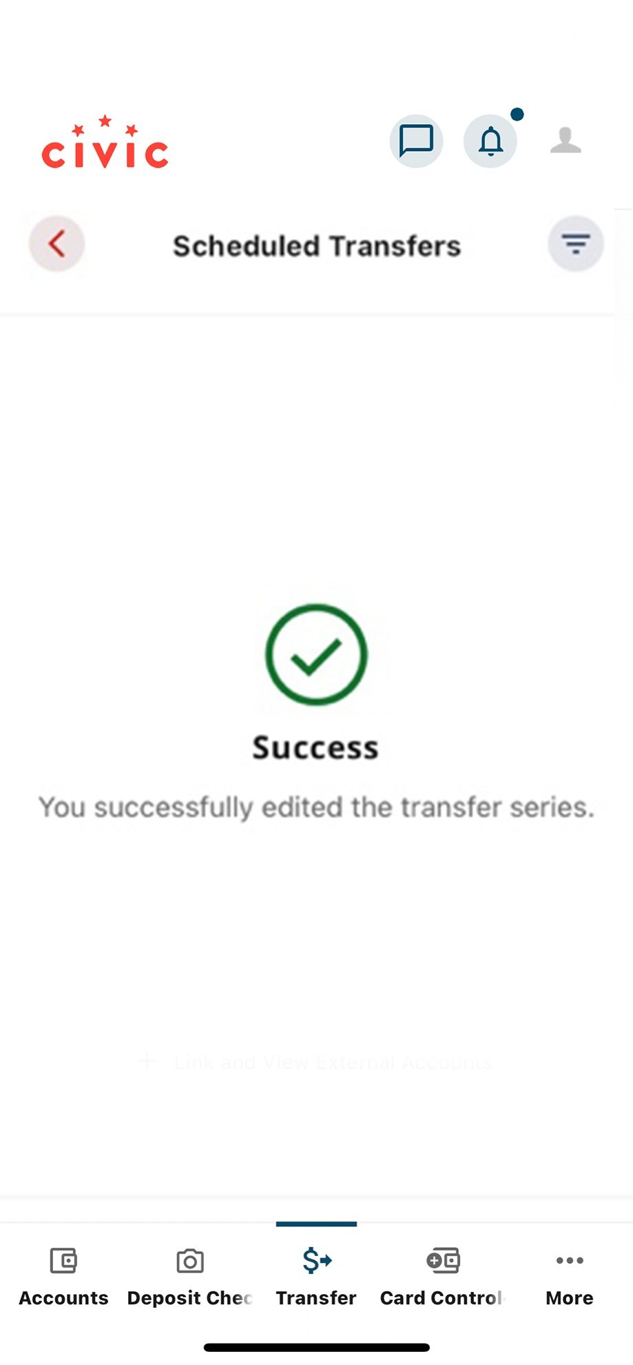 Civic app screen that displays the successful edit of the transfer series.