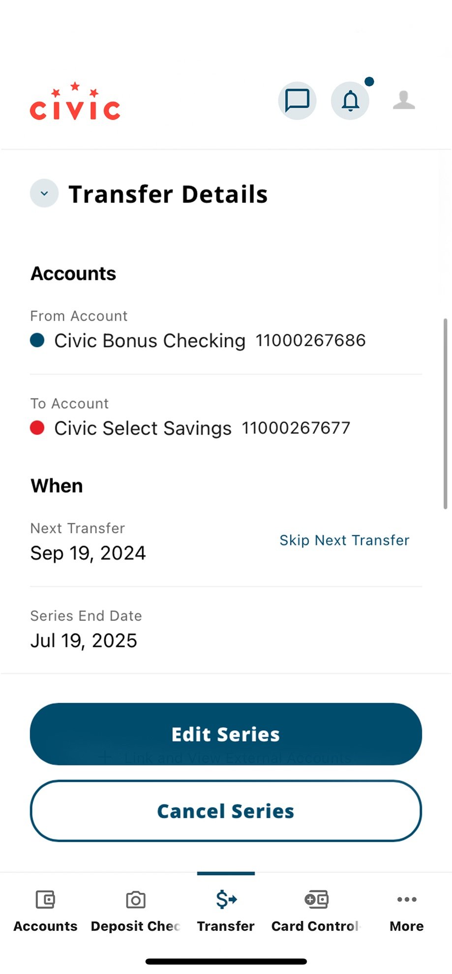 Civic app screen that shows the details of a transfer.