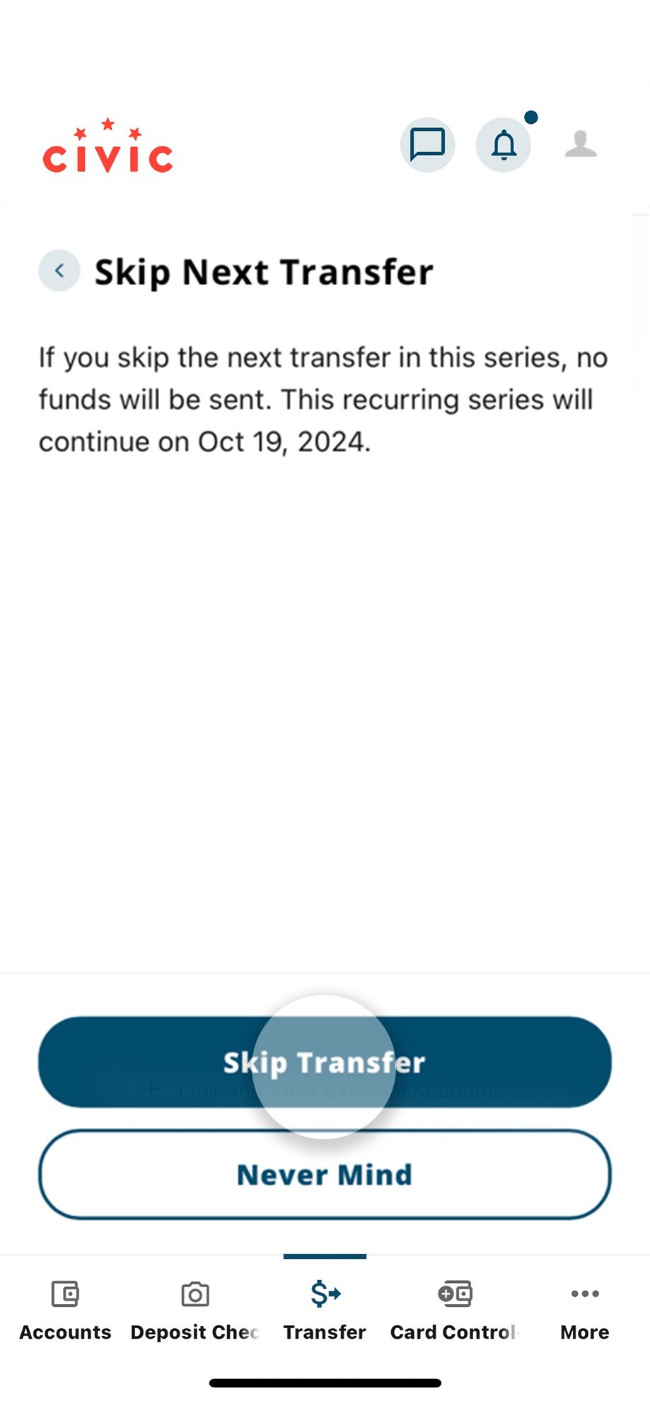Civic app screen that highlights the selection of skip transfer on the confirmation page.