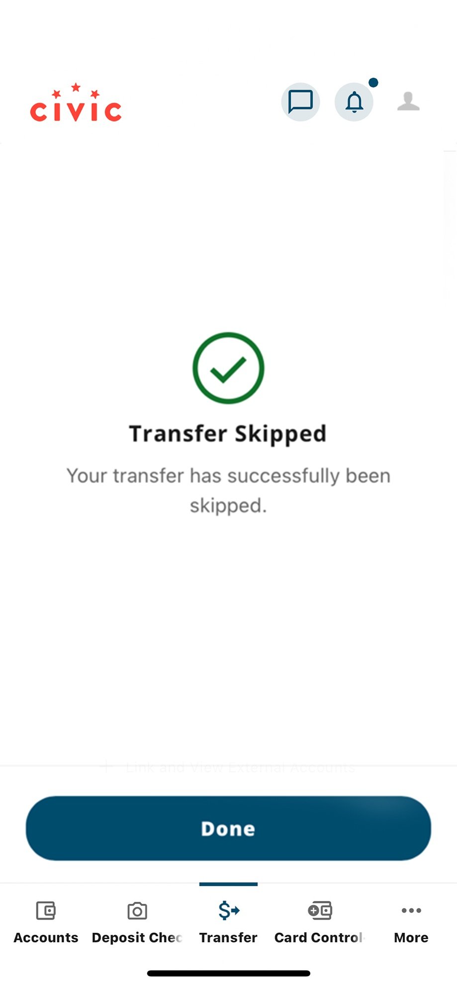 Civic app screen that confirms the cancellation of next transfer.