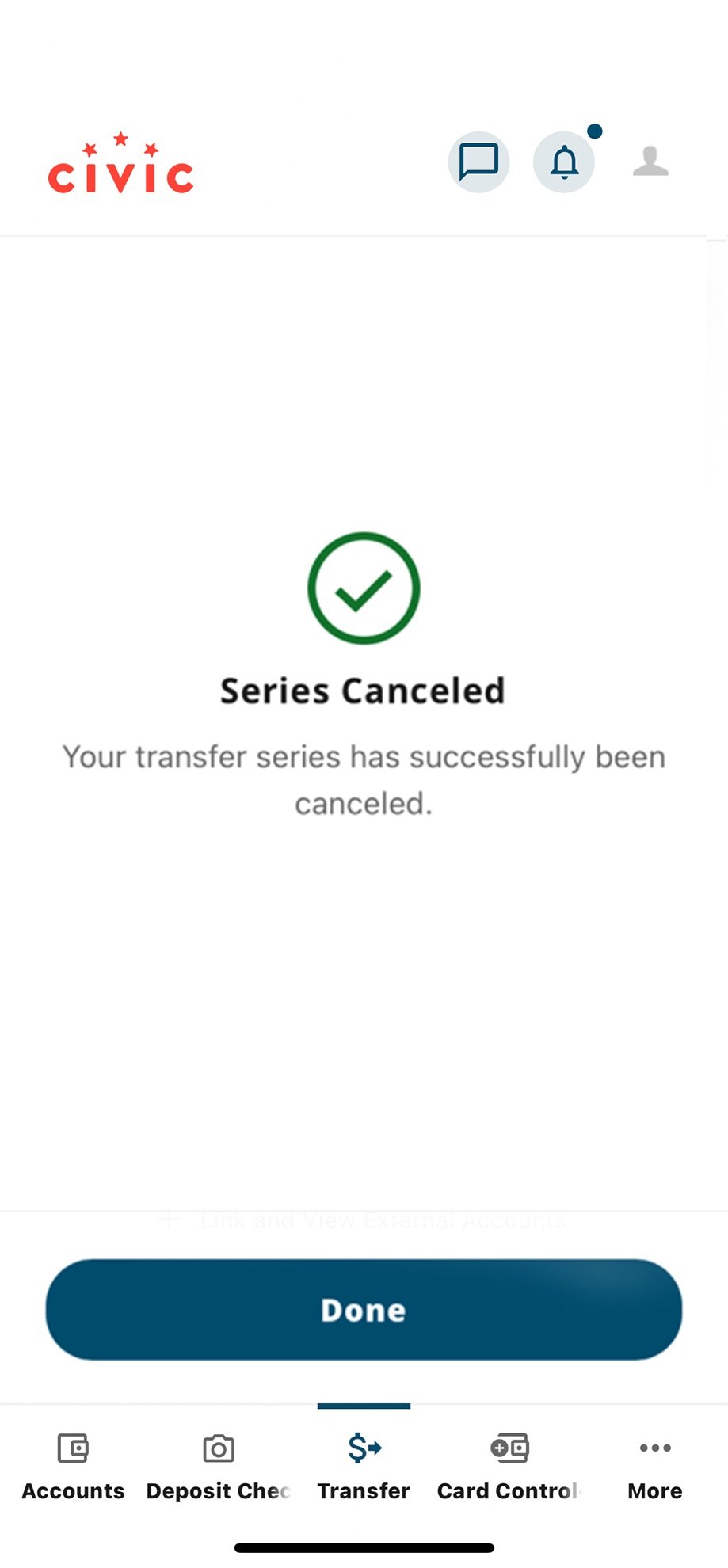 Civic app screen that confirms the cancellation of transfer series.