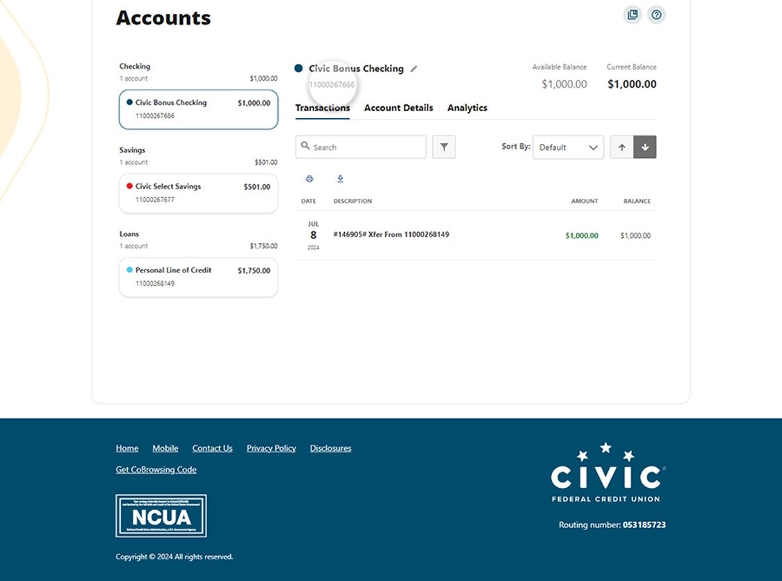 Civic online banking screen that highlights the selection of an account number.