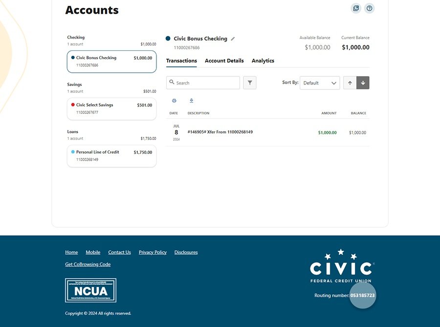 Civic online banking screen that highlights the selection of the routing number.