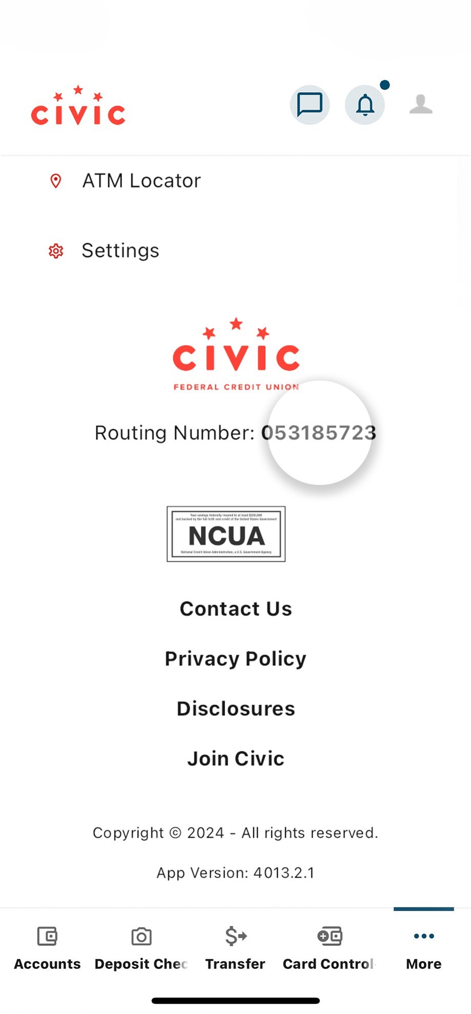 Civic app screen that highlights the routing number.