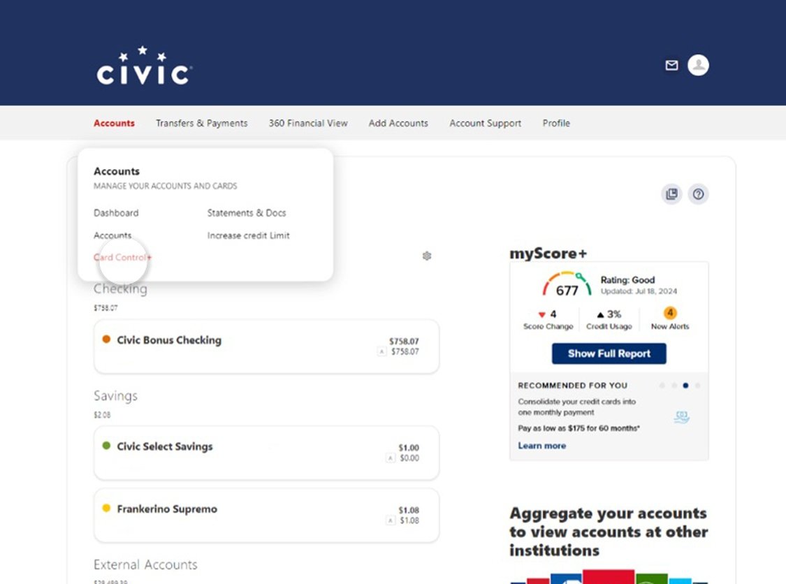 Civic online banking screen that highlights menu selection.