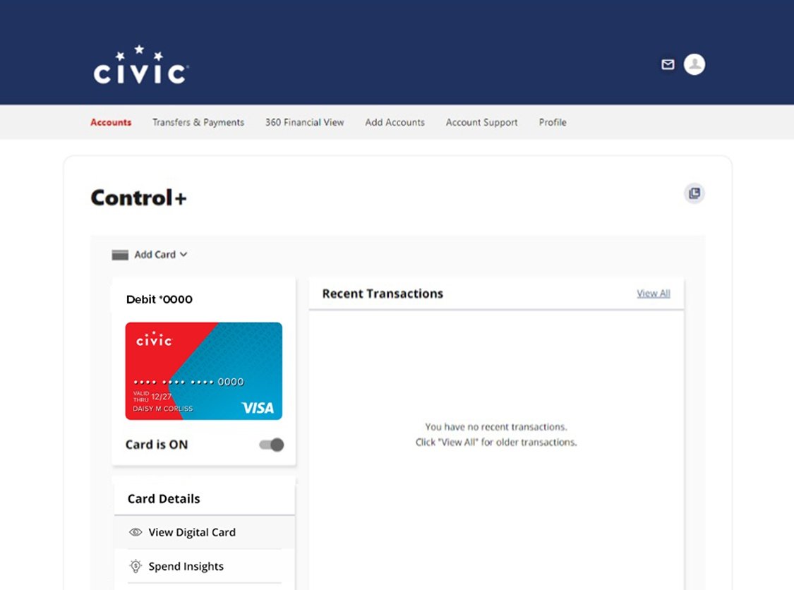 Civic online banking screen that displays card controls.