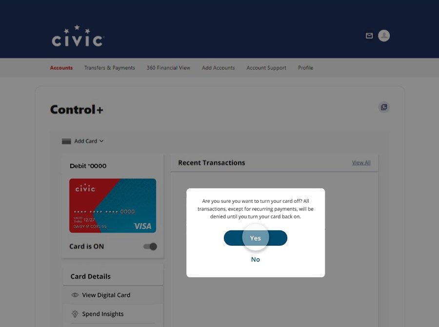 Civic online banking screen that confirms the option to lock card.