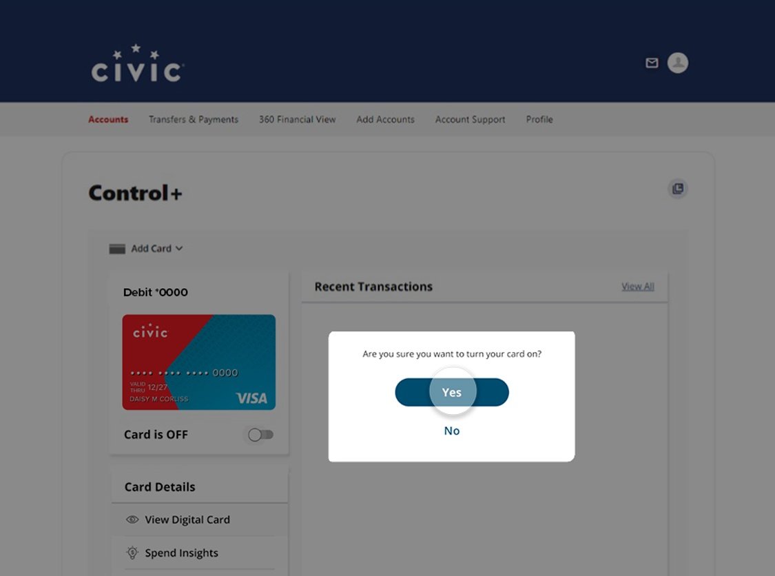 Civic online banking screen that confirms the option to unlock card.