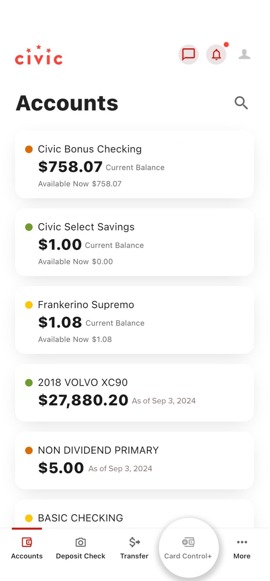 Civic Account page with Control+ button highlighted.