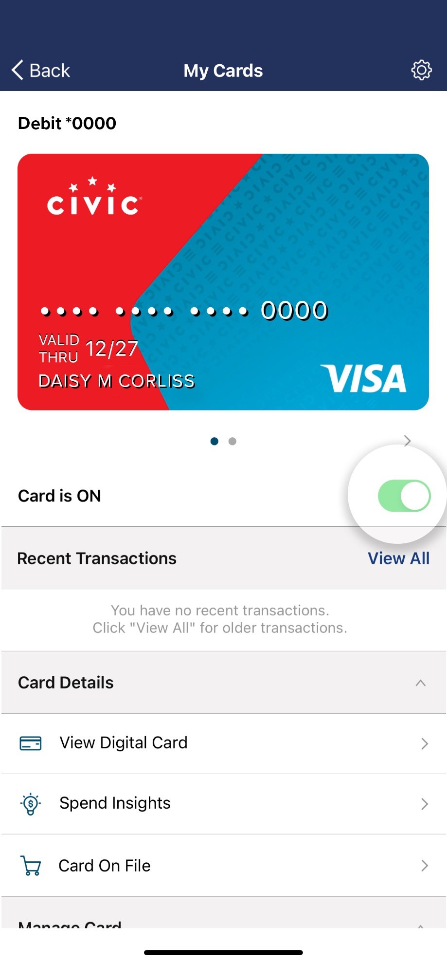 Civic app screen that highlights the toggle to activate your card.