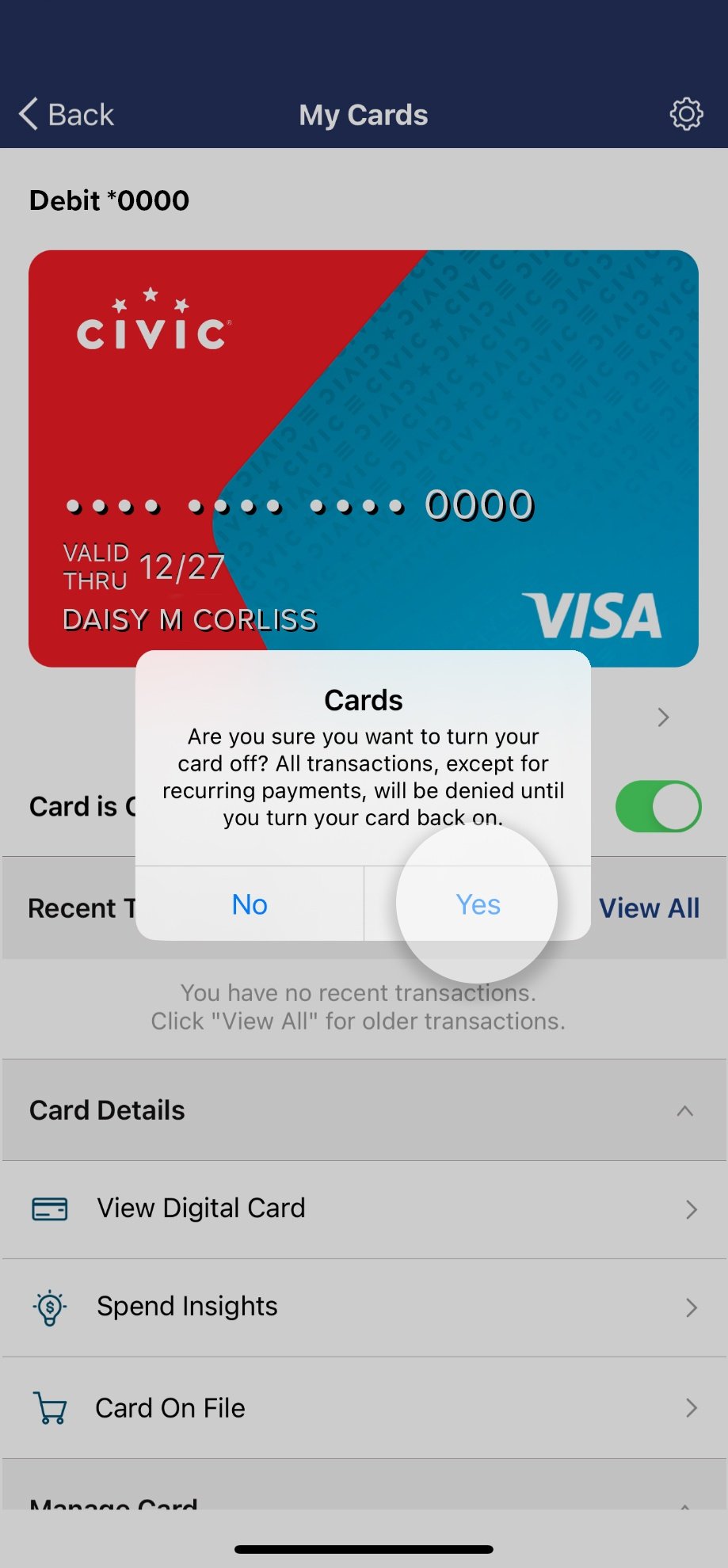 Civic app screen that confirms the option to lock card.